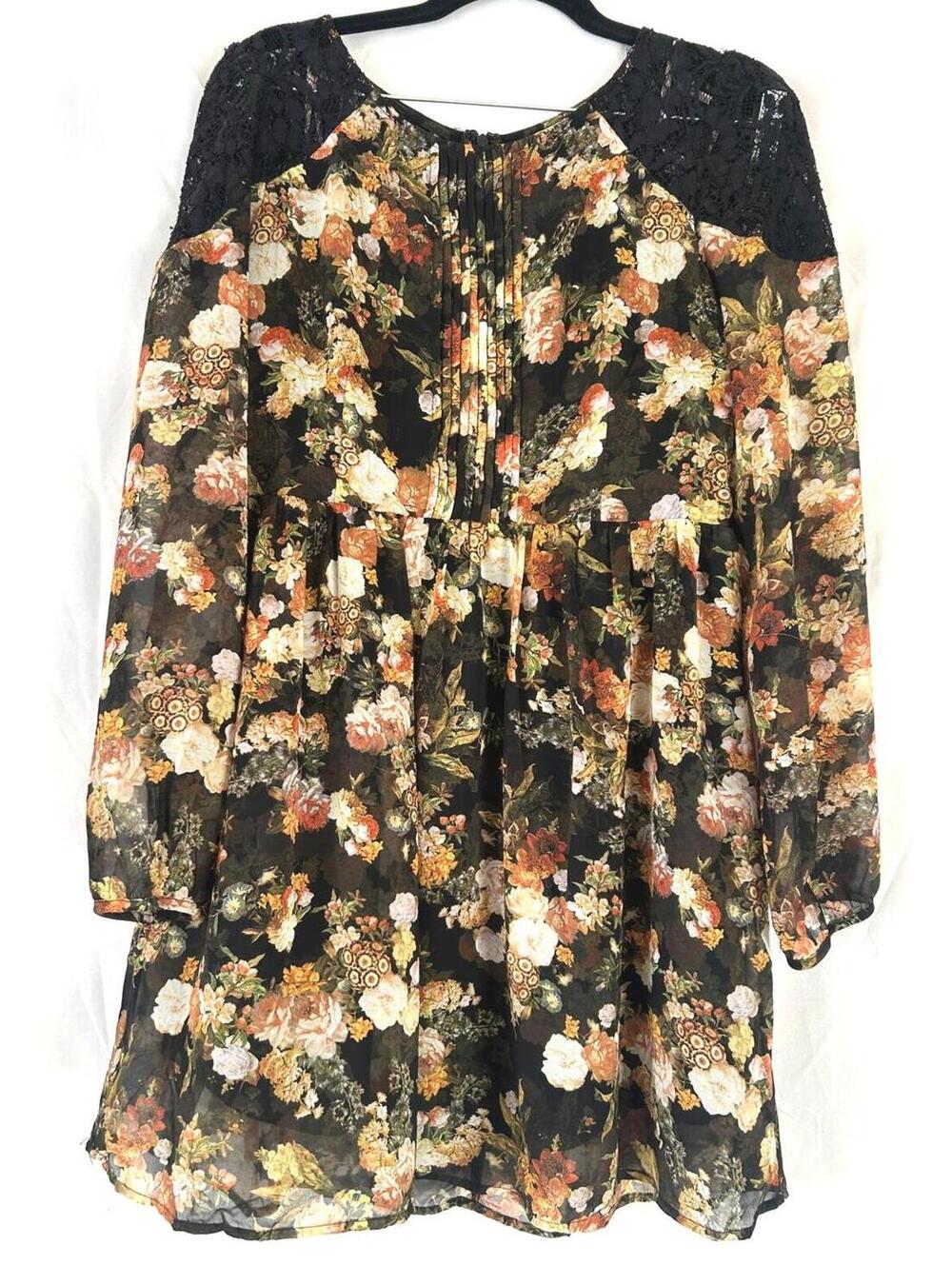 Black Floral Lace Blouse Boho Sheer Sleeve Top Romantic Forever 21 L